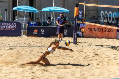Munich, Germany - Aug 17, 2022: Women's European Beach Volleyball Championships 2022. Spain vs Switzerland