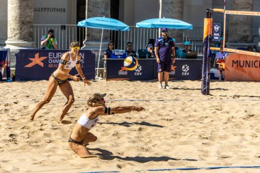 Munich, Germany - Aug 17, 2022: Women's European Beach Volleyball Championships 2022. Spain vs Switzerland