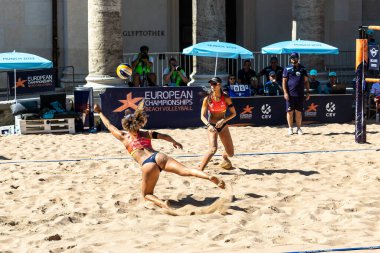 Munich, Germany - Aug 17, 2022: Women's European Beach Volleyball Championships 2022. Spain vs Switzerland