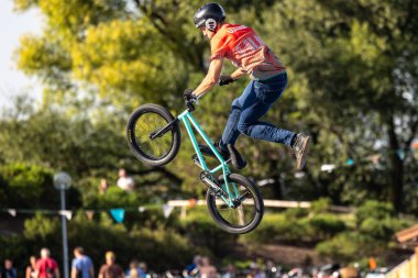 Munich, Germany - Aug 11, 2022: Riders compete at the BMX Freestyle European Championsships at Olympiapark in Munich, Germany. Men's qualifiacation
