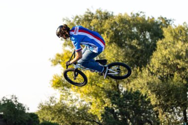 Munich, Germany - Aug 11, 2022: Riders compete at the BMX Freestyle European Championsships at Olympiapark in Munich, Germany. Men's qualifiacation