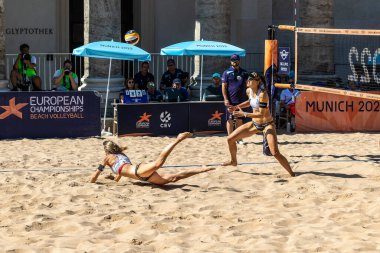 Munich, Germany - Aug 17, 2022: Women's European Beach Volleyball Championships 2022. Spain vs Switzerland