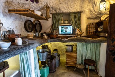 Interiors of the caves in Museo Etnografico Casas Cuevas at Artenara, Gran Canaria, Spain in Europe