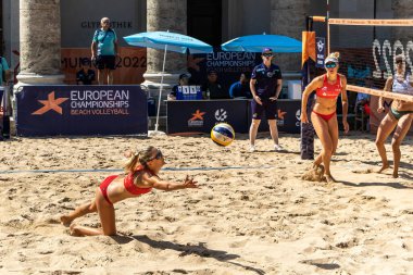 Munich, Germany - Aug 18, 2022: Women's European Beach Volleyball Championships 2022. Denmark vs Austria