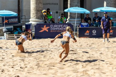 Munich, Germany - Aug 17, 2022: Women's European Beach Volleyball Championships 2022. Spain vs Switzerland