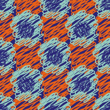 Çizilmiş dairesel renk vektörsüz vektör şablonu. Karışık yün iplik şekillerinin karışımı mavi ve kırmızı arka plan. Denizcilik stili örgü tekrar yazdırma sağlığı, ambalaj, yaz