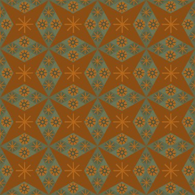Soyut yıldız şekilli kusursuz vektör şablonu. Elmas, eşkenar dörtgen şekilli Azulejo tarzı arka plan, gök motifleri. Toprak yeşili bozkır deseni. Sağlıklı olmak için Arabesk tekrarla