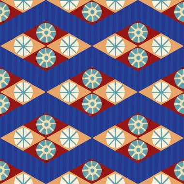 Soyut stilize güneş ve yıldız elmas şekilli kusursuz vektör desenli arka plan. Çizgili Azulejo tarzı arka plan, Eski Mısır eşkenar dörtgen motifleri, turuncu, lapislazuli mavisi. Geometrik tekrar