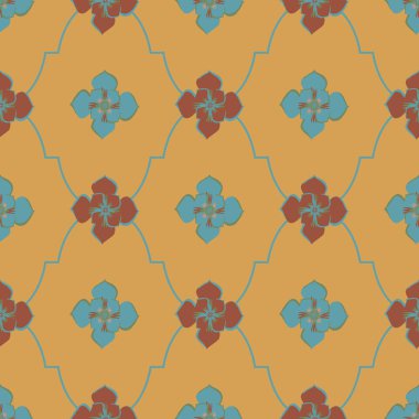 Ortaçağ Roma ogee vektör desenli arka plan. El kaplamasının Azulejo fayans tarzı koyu turuncu kırmızı çizgili geometrik çizgilerle çizilmiş çiçekleri. Piskoposluk kırsal tasarımı. Arabesk yinelemesi.