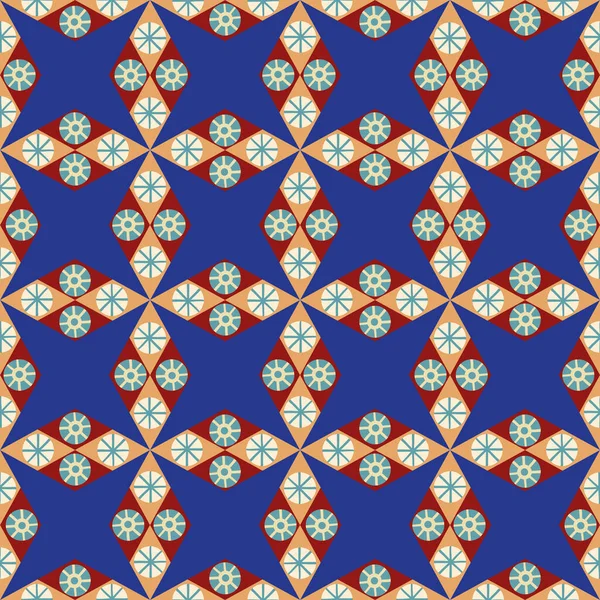 Abstracte ster vormige naadloze vector patroon achtergrond. Azulejo stijl achtergrond met diamant, ruit vormen, hemelse motieven. Blauw rood wit moorish ontwerp. Arabesque herhalen voor wellness — Stockvector