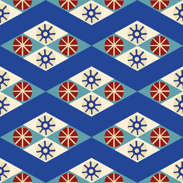 Abstrato sol estilizado e estrela diamante forma fundo padrão vetor sem costura. Cenário em estilo azulejo com símbolos inspirados no antigo Egito, motivos rombos, vermelho, branco, azul. Repetição geométrica — Vetor de Stock