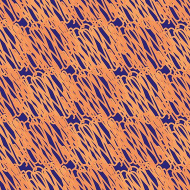 Soyut örülmüş vektör desenli arka plan. Düzensiz tığ işi iplik iplikçikli turuncu mavi arka plan. Yazılı doku tekrarı. Yaz için karalama çizgileri her yere çizilmiş..