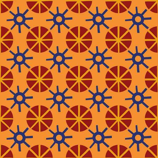Abstrato sol estilizado e estrelas formas sem costura padrão de fundo vetor. Cenário de estilo azulejo com o antigo Egito inspirou motivos celestiais, laranja, ocre, azul. Repetição geométrica para embalagem — Vetor de Stock