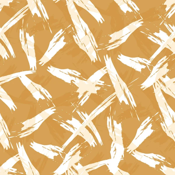Малярська текстура волокна векторний безшовний візерунок фон. Перекриття ізольовані сміливі білі різноманітні пензлики на тлі охри. Вільний шрам, як пофарбований хрест сітки решітки ткацтва текстури повторити . — стоковий вектор