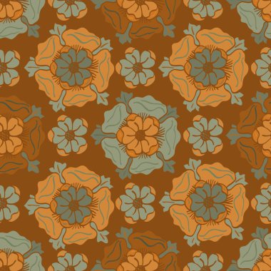 Ortaçağ gül vektör desenli kusursuz arka plan. El çizimi çiçek motiflerinin Azulejo fayans tarzı arka planı. Toprak adaçayı yeşili ve yeşili. Geometrik botanik dekoratif tasarım. Arabesk çiçek tekrarı