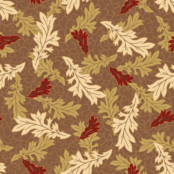 アカンサスの葉ベクトルシームレスなパターンの背景。茶色の葉に様式化されたベージュの緑の葉を描いた芸術品や工芸品のスタイルの手は、テクスチャの背景を小枝。エレガントな植物｜print. — ストックベクタ