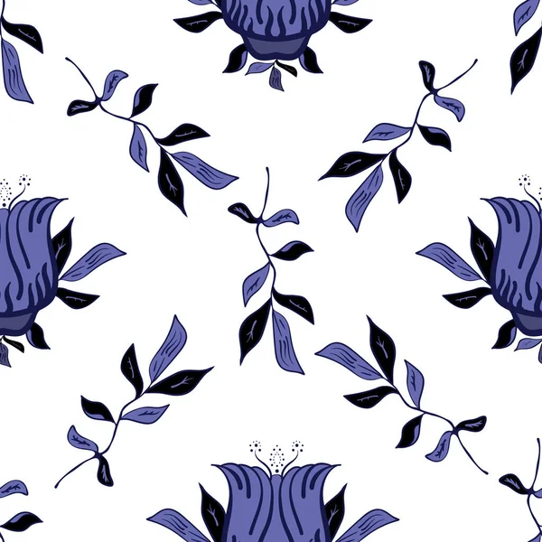 Stilisierte Tulpe und Laub nahtlose Vektormuster Hintergrund. Eleganter lila-weißer Hintergrund mit Blüten und Blätterzweigen. Handgezeichnetes botanisches Blumenmuster. Wiederholung des geometrischen diagonalen Gitters. — Stockvektor