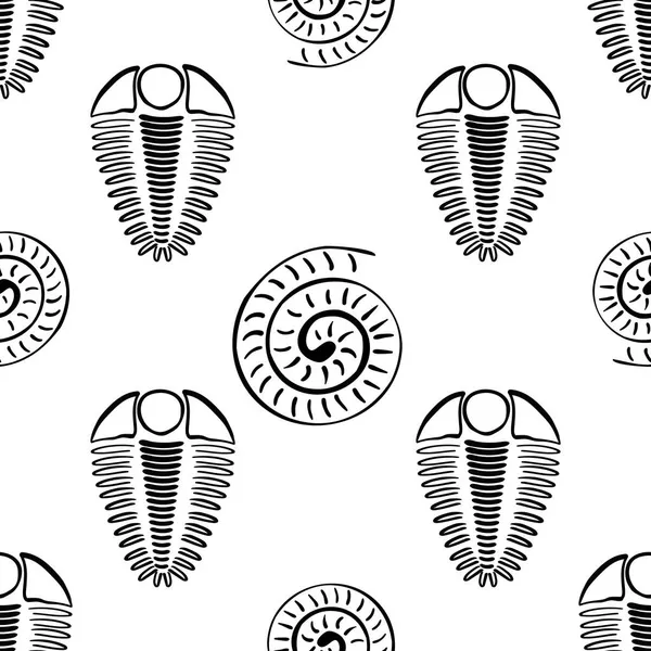 Ammoniten Trilobiten Vektor nahtlose Muster Hintergrund. Handgezeichnete spiralförmige Muschelkopffüßer und Fossilien mit gerippten Gliederfüßen. Monochromer Rückwärtsgang. Ausgestorbene Meeresräuber. Wiederholung für die Bildung — Stockvektor