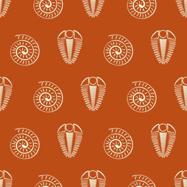 Amonit trilobit vektör pürüzsüz model arka planı. El çizimi spiral kabuklu kafatası ve eklembacaklı fosiller. Topraksı kırmızı turuncu arka plan. Nesli tükenmiş deniz yırtıcıları. Eğitim için tekrarla