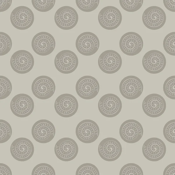 Ammonite vector sin costura patrón de fondo. Fósil de cefalópodo en forma de espiral acanalado dibujado a mano. Fondo beige neutro. Extintos depredadores marinos antiguos. Repita para museo, historia natural, escuela — Vector de stock