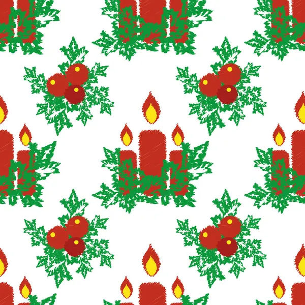 Рождественские праздники свечи, ягоды, падубовый векторный рисунок. Праздничный фон с традиционными разбросанными мотивами в стиле каракули. Красный, зеленый, белый сезонный дизайн фона для зимы — стоковый вектор