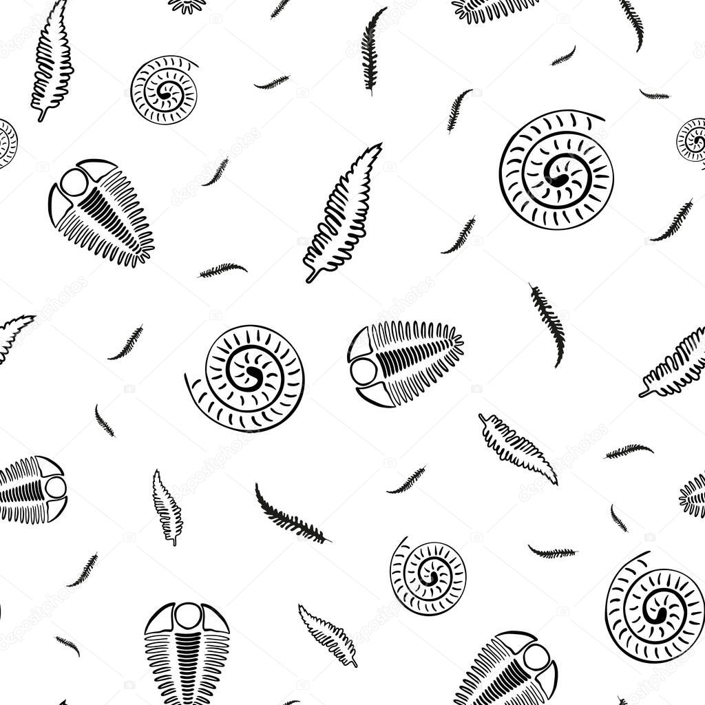 Ammonite trilobite fern vector seamless pattern background. Hand drawn spiral-form shell cephalopod and arthropod ribbed fossils, ferns. Extinct marine predators and plant life backdrop. For education