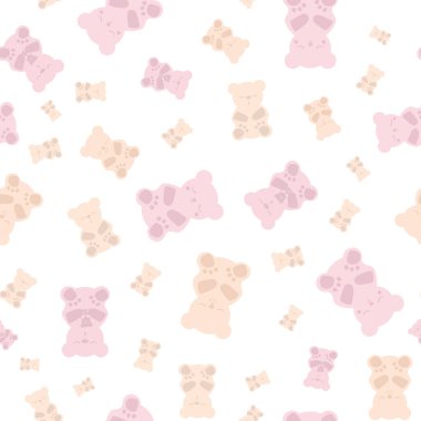 Uyku jelibonları kusursuz bir arka plan. Pastel pembe sarı beyaz jelibonlu arka plan. İyi uyumak için sevimli kawaii tarzı karakterler, melatonin doğal yardım ve sağlık konsepti.