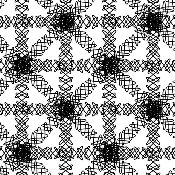 Pętelkowy efekt włóczki bezszwowy wzór wektorowy tła. Geometryczne czarno-białe tło z wyrytymi paskami doodle grid splot. Powtórz nitkę krzyżową. Fibre kształt siatki tekstury wydruku. — Wektor stockowy
