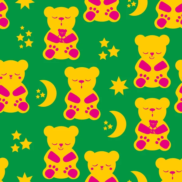 Cute sleepy kawaii bears, stars moon vector seamless pattern background. Tropical color backdrop with pink orange teddy bear and celestial shapes. Cartoon characters for sleeping well, babies, kids — Stock Vector