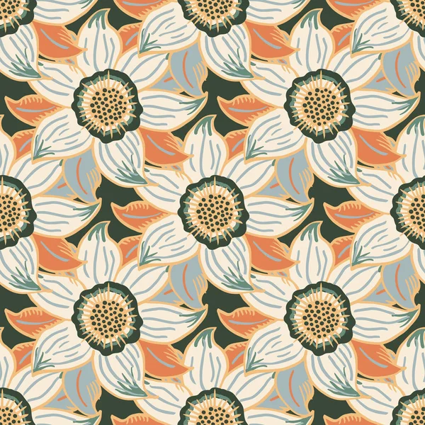 Seis pétalos vector de flor silvestre patrón sin costura. Fondo botánico verde crema pastel con flores de prado dibujadas en estilo artesanal. Planta superpuesta motivos. Vintage repetición para el bienestar, embalaje — Vector de stock