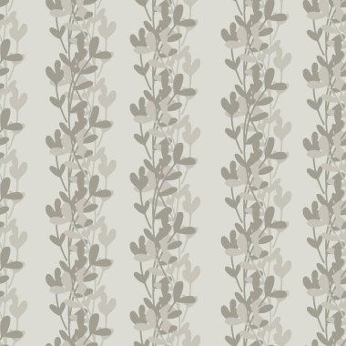 Çiçek tırmanışçıları kusursuz vektör desenli arka plan. Adaçayı yeşili ve gri renkte tırmanan yapraklar. İzlenen yapraklardan oluşan çizgili sütunlar. Geometrik tasarım. Sağlık için botanik tekrarı