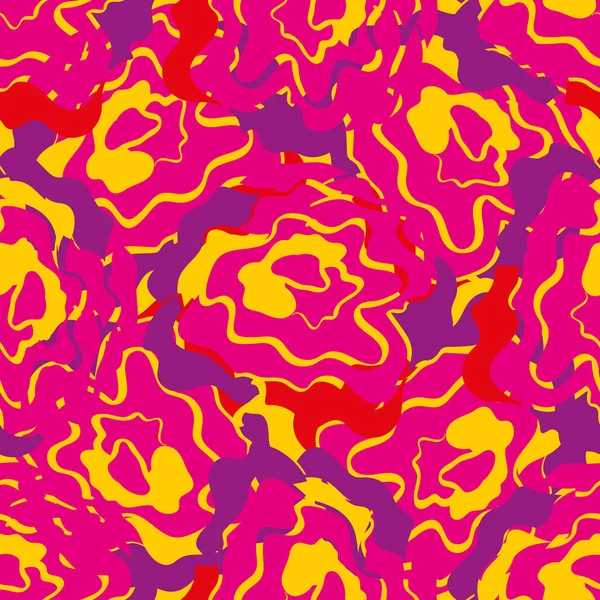 Abstracto jaspeado fluido pintura textura vector sin costura patrón de fondo. Fondo amarillo rosado púrpura de superficie pintada con rayas y remolinos. Diseño de mármol de imitación. Repetir para el bienestar, embalaje. — Archivo Imágenes Vectoriales