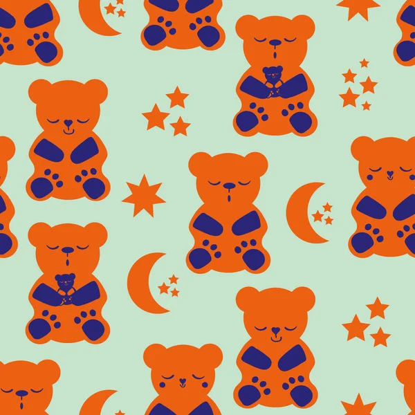 Cute sleepy kawaii bears, stars moon vector seamless pattern background. Neon orange, indigo blue backdrop with teddy bear and celestial shapes. Cartoon characters for sleeping well, babies, kids — Stock Vector