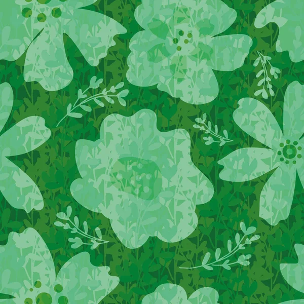 Smaragdgrüne wilde Wiesenblume nahtlosen Vektor botanischen Musters Hintergrund. Hintergrund mit abstrakten, naiven handgezeichneten Blumen mit strukturiertem Overlay. Modernes florales Design. Blüten und Zweige wiederholen sich. — Stockvektor