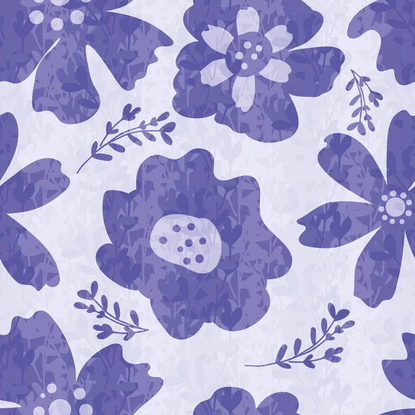 Flor prado selvagem e periwinkle fundo padrão botânico vetor sem costura. Fundo violeta roxo com flores abstratas ingênuas desenhadas à mão e mistura texturizada. Flores florais e raminhos repetir. — Vetor de Stock