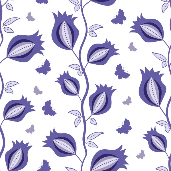 Floral Kletterer und Schmetterlinge nahtlose Vektormuster Hintergrund. Kletternde Blüten auf Weinreben in violettem Purpur. Vertikale Säulen aus hängenden Blättern und Blüten. Botanische Wiederholung. — Stockvektor