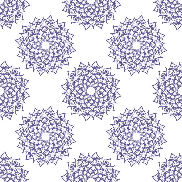 Mandala çiçekli vektör desenleri kusursuz. Narin çizilmiş çiçekler menekşe menekşeli mor, beyaz geometrik fon. Tığ işi dantel, kağıt kesiği sanatı. Süslü botanik tasarımı.