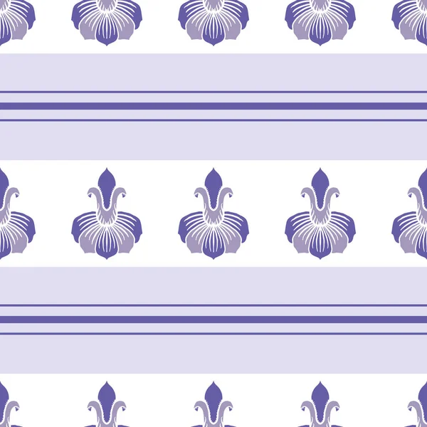 Flores lírio estilizado e listras vetor sem costura fundo. Periwinkle violeta violeta estilo vintage floral listras geométricas pano de fundo. Repetição botânica. Flor duotone todo imprimir para o verão — Vetor de Stock