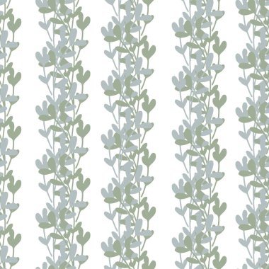 Çiçekli dağcı kusursuz vektör desenli arka plan. Adaçayı yeşili gri beyazıyla arka planda tırmanmak. İzleme yapraklarının çizgi etkisi dikey kolonlar. Geometrik tasarım. Sağlık için botanik tekrarı