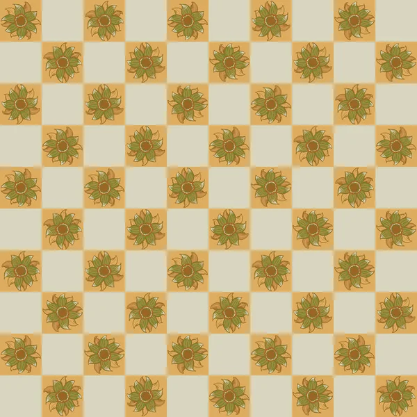 Έξι πέταλα άγρια λουλούδια διάνυσμα αδιάλειπτη μοτίβο. Ψηφιδωτά μπλοκ στυλ ελέγχου του πορτοκαλί πράσινο βοτανικό υπόβαθρο. Χειροποίητα λουλούδια λιβάδι σε χειροτεχνία στυλ. Vintage επανάληψη για ευεξία, συσκευασία — Διανυσματικό Αρχείο