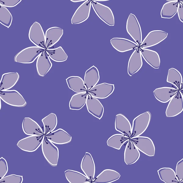 Jasmijn bloemen vector naadloze patroon achtergrond. Lijn met de hand getekende bloemen hoofden, bloesem, bloemblaadjes. Monochrome periwinkle paars violette achtergrond.Botanische herhaling voor geneeskrachtige genezende plant. — Stockvector