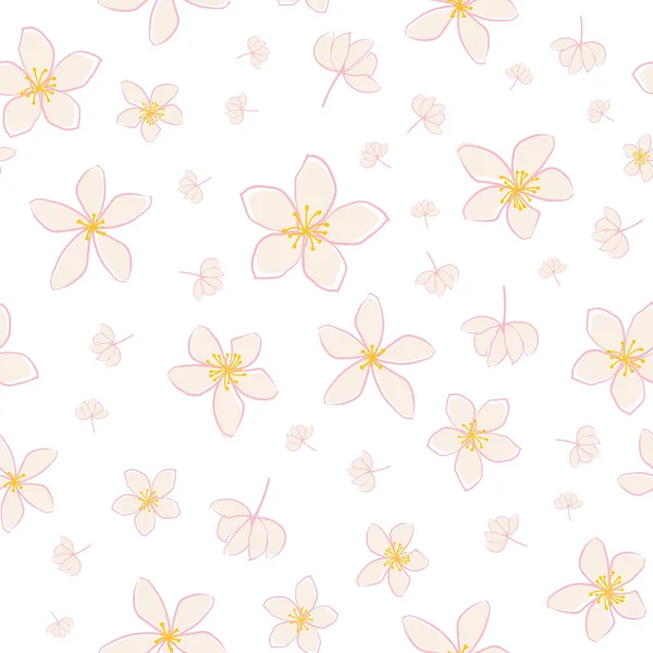Jasmijn bloemen vector naadloze patroon achtergrond. Lijn met de hand getekende bloemen hoofden, bloesem, bloemblaadjes. Roze witte achtergrond.Botanische herhaling voor geneeskrachtige genezende plant. Overdruk voor wellness — Stockvector