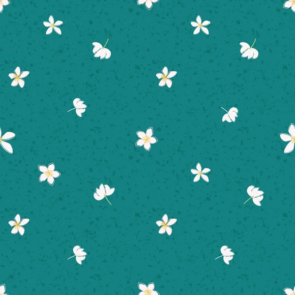 Jasmine flowers vector seamless pattern background. Line art hand drawn flower heads, blossom, petals. Spacious floral design on teal backdrop.Botanical repeat print for medicinal healing plant. — Stockvektor