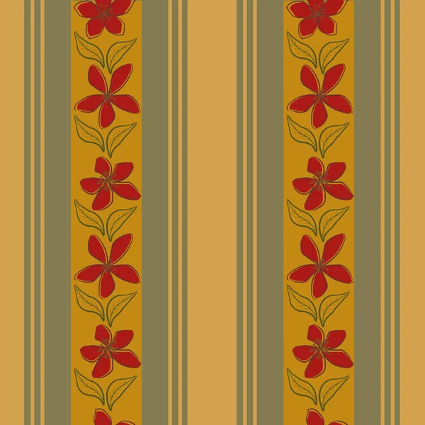 Jasmin fleur et régent bande vecteur fond de motif sans couture. Ligne art fleurs dessinées à la main sur des bandes verticales parallèles minces et larges. Régence botanique florale rouge vert design répéter — Image vectorielle