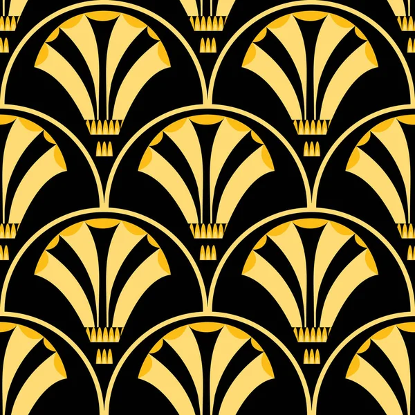 Art Deco stylized floral scale vector seamless pattern background. Black gold abstract 1920s geometric background with golden fan shaped flowers and linear scales shapes. Repeat for celebration —  Vetores de Stock