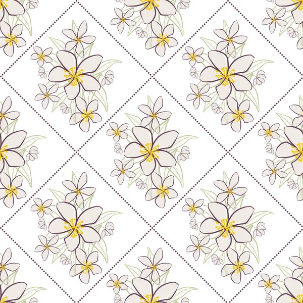 Jasmin bouquet floral fond de motif vectoriel sans couture. Ligne d'art dessiné à la main des groupes de fleurs, feuilles avec pointillés cadres en forme de diamant. Fonds neutre.Élégante répétition géométrique botanique — Image vectorielle