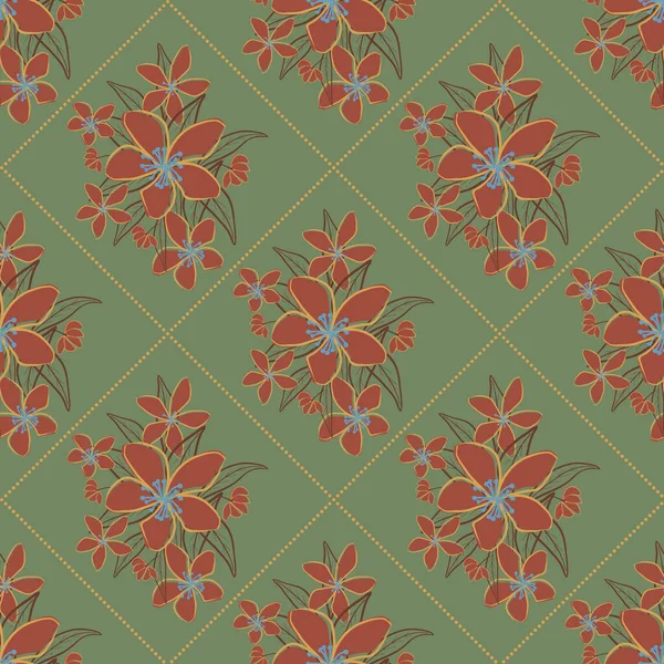 ジャスミンの花花束シームレスベクトルパターンの背景。線画手の花のグループを描画し、点線のダイヤモンドの形のフレームを残します。緑の赤いバロックの背景。エレガントな植物のグリッドの繰り返し — ストックベクタ