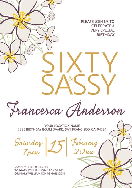 Sixty and Sassy 60th birthday party floral invitation. Vector design template with text. Celebration party invite for a sixtieth event. Elegant midcentury modern jasmine flowers on white background Ilustração De Stock