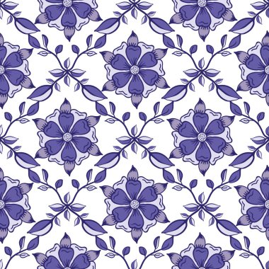 Ortaçağ gül vektör desenli kusursuz arka plan. El çizimi çiçek motiflerinin Azulejo fayans tarzı arka planı. Mor menekşe menekşesi. Geometrik botanik dekoratif tasarım. Arabesk çiçek tekrarı