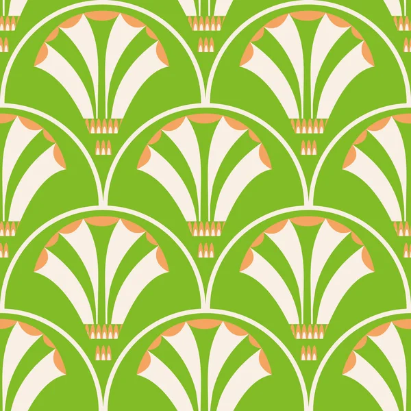 Art déco stylisé échelle florale vecteur fond de motif sans couture. Vert beige orange abstrait Années 1920 fond géométrique avec des fleurs en forme de éventail et des formes d'échelles linéaires. Répétez pour la célébration — Image vectorielle